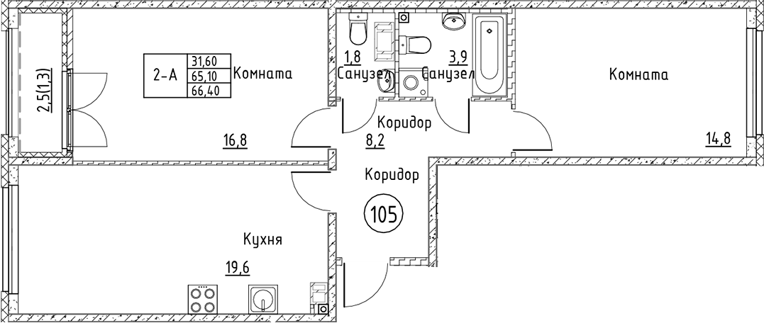 Планировка — Кронунг Юг, 3-комн., 65 м²
