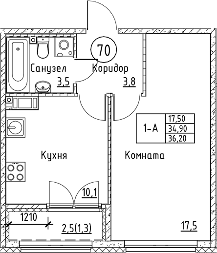 Планировка — Кронунг Юг, 1-комн., 35 м²