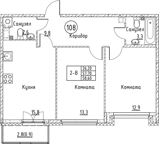 Планировка — Кронунг Юг, 3-комн., 58 м²