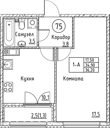Планировка — Кронунг Юг, 1-комн., 35 м²