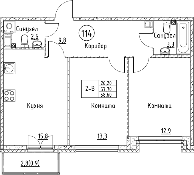 Планировка — Кронунг Юг, 3-комн., 58 м²