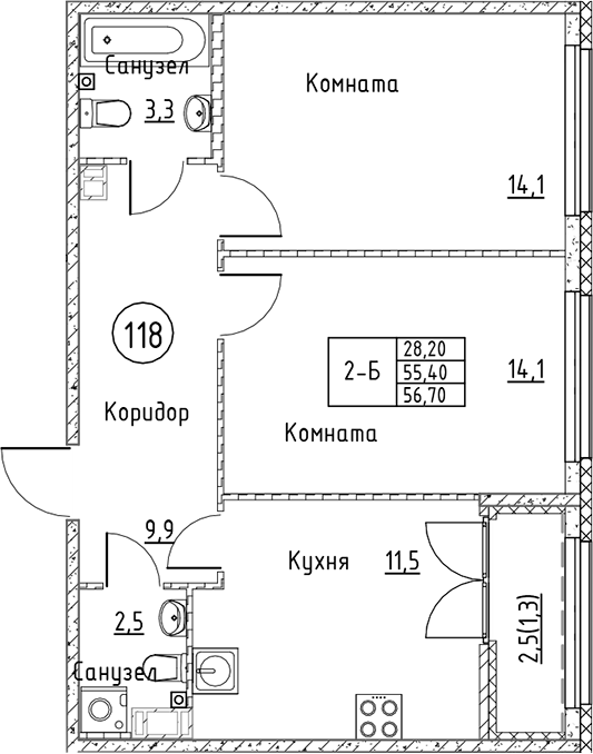Планировка — Кронунг Юг, 2-комн., 55 м²