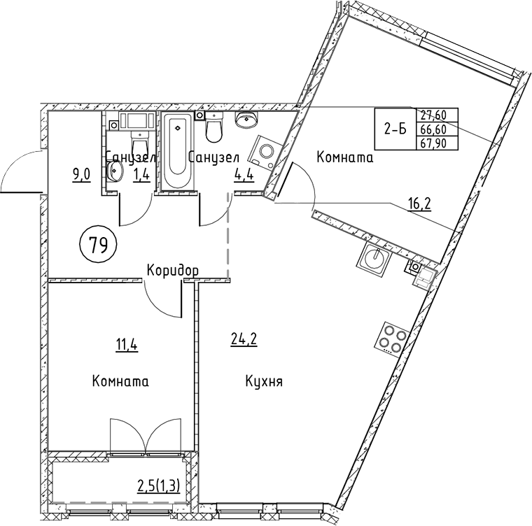 Планировка — Кронунг Юг, 3-комн., 67 м²