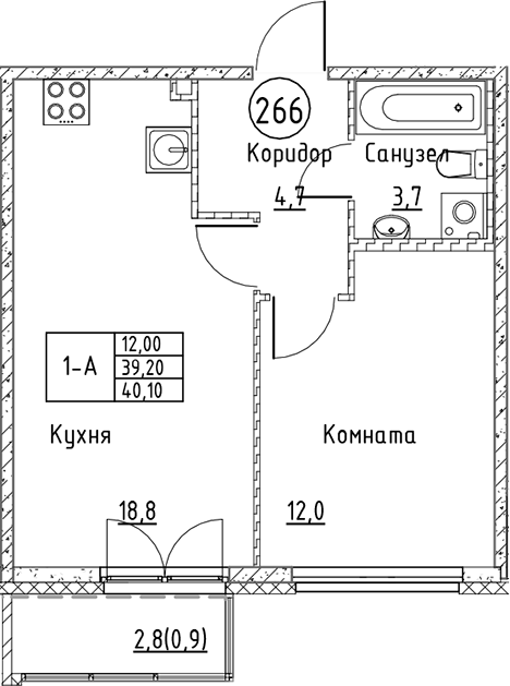 Планировка — Кронунг Юг, 2-комн., 39 м²