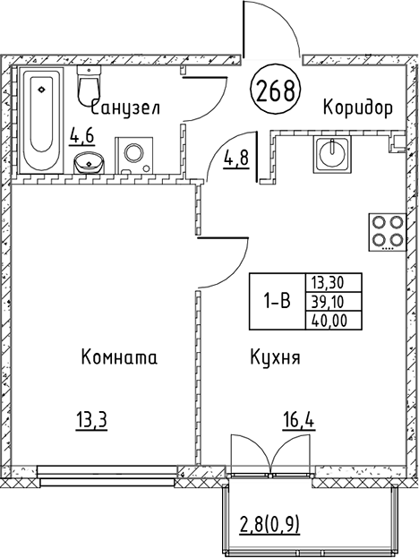 Планировка — Кронунг Юг, 2-комн., 39 м²