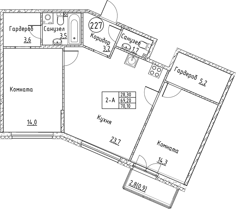 Планировка — Кронунг Юг, 3-комн., 69 м²