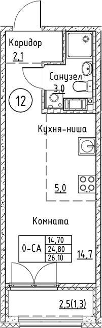 Планировка — Кронунг Юг, Студия, 25 м²