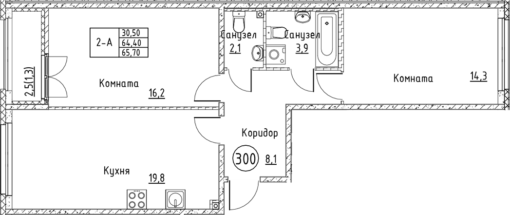 Планировка — Кронунг Юг, 3-комн., 64 м²