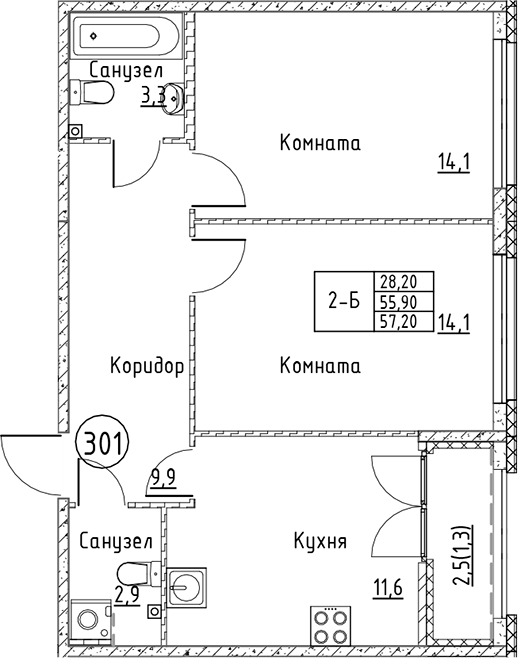 Планировка — Кронунг Юг, 2-комн., 56 м²