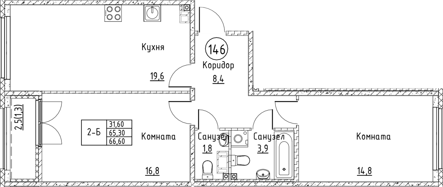Планировка — Кронунг Юг, 3-комн., 65 м²