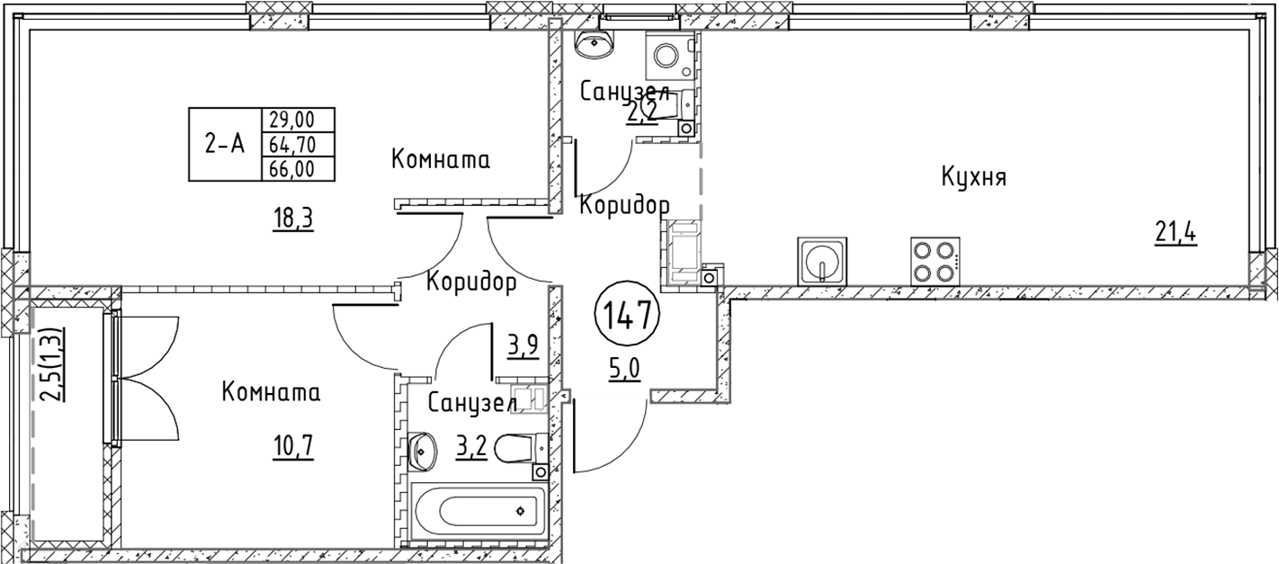 Планировка — Кронунг Юг, 3-комн., 65 м²