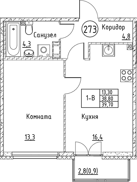 Планировка — Кронунг Юг, 2-комн., 39 м²