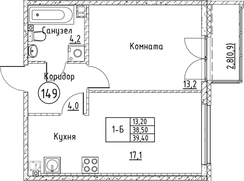 Планировка — Кронунг Юг, 2-комн., 39 м²
