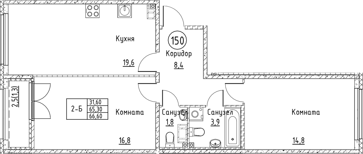 Планировка — Кронунг Юг, 3-комн., 65 м²