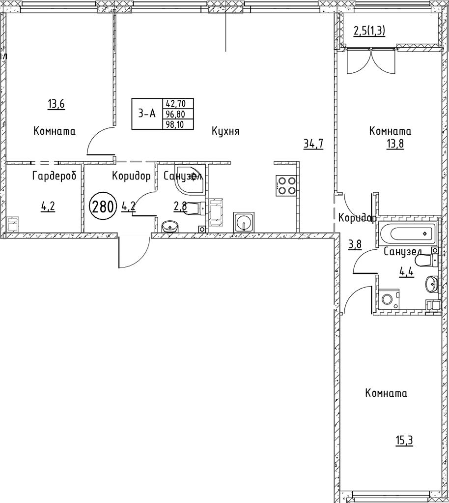 Планировка — Кронунг Юг, 4-комн., 97 м²