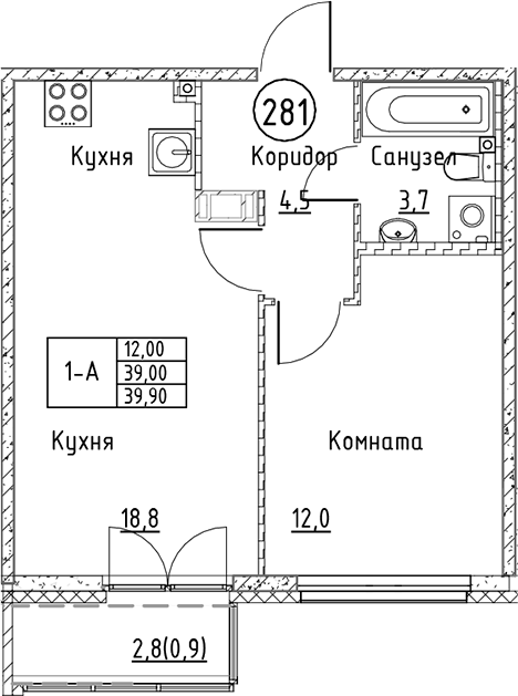 Планировка — Кронунг Юг, 2-комн., 39 м²