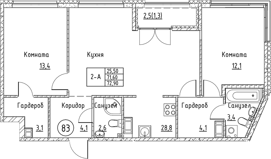 Планировка — Кронунг Юг, 3-комн., 72 м²