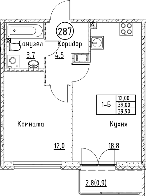 Планировка — Кронунг Юг, 2-комн., 39 м²
