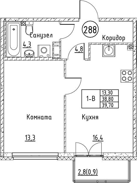 Планировка — Кронунг Юг, 2-комн., 39 м²
