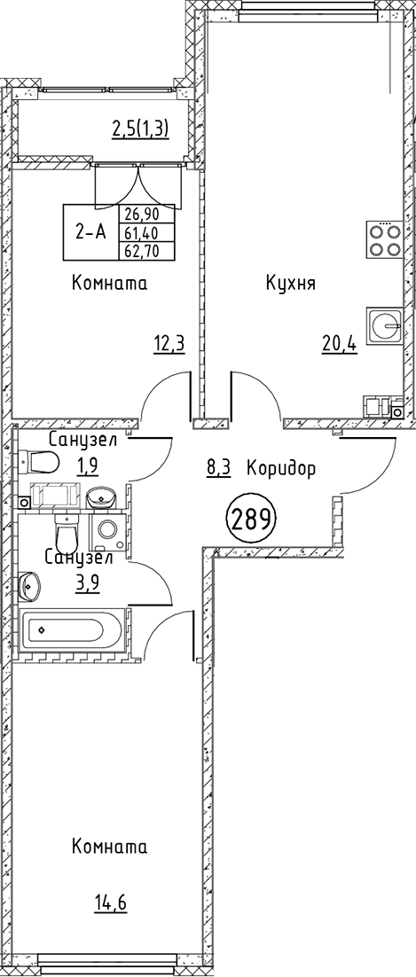 Планировка — Кронунг Юг, 3-комн., 61 м²
