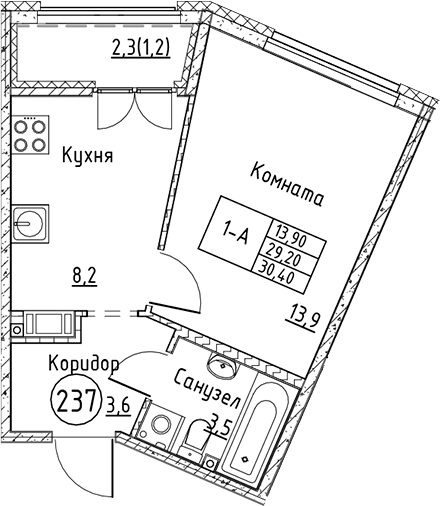 Планировка — Кронунг Юг, 1-комн., 29 м²