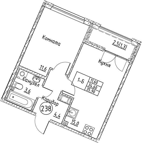 Планировка — Кронунг Юг, 2-комн., 35 м²