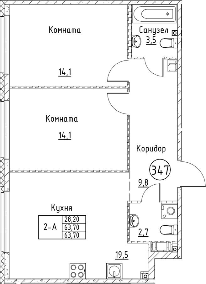 Планировка — Кронунг Юг, 3-комн., 64 м²