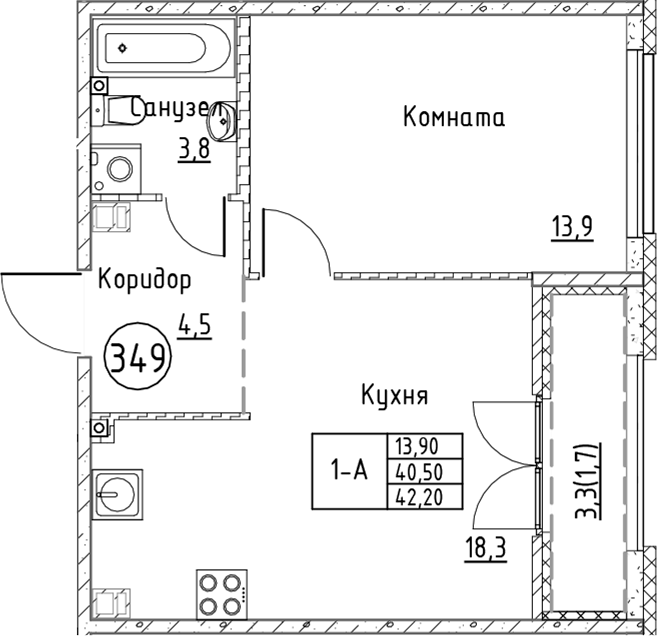 Планировка — Кронунг Юг, 2-комн., 41 м²