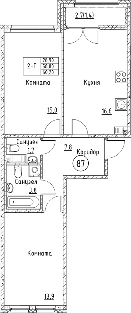 Планировка — Кронунг Юг, 3-комн., 59 м²