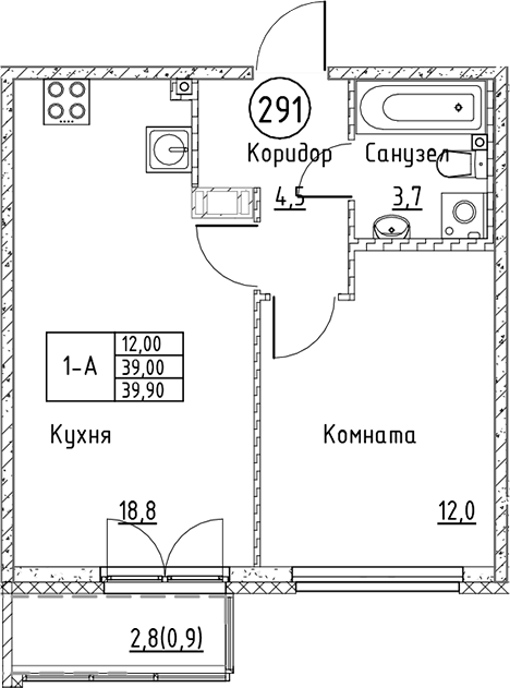 Планировка — Кронунг Юг, 2-комн., 39 м²