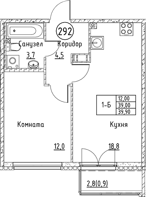 Планировка — Кронунг Юг, 2-комн., 39 м²
