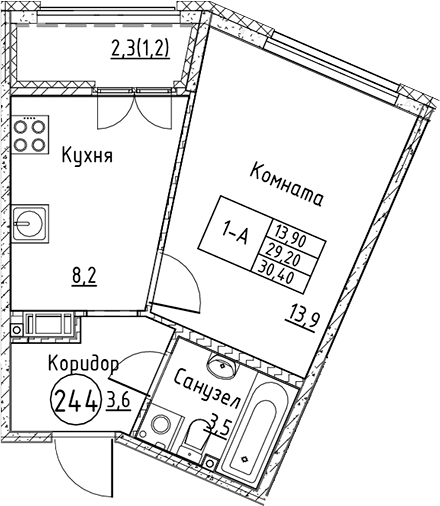 Планировка — Кронунг Юг, 1-комн., 29 м²