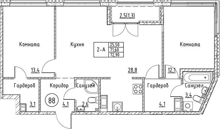 Планировка — Кронунг Юг, 3-комн., 72 м²