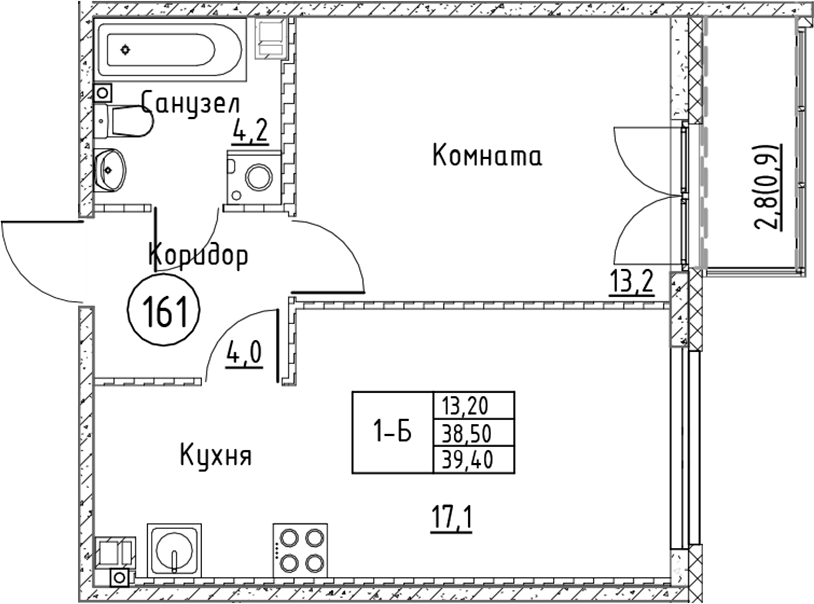Планировка — Кронунг Юг, 2-комн., 39 м²