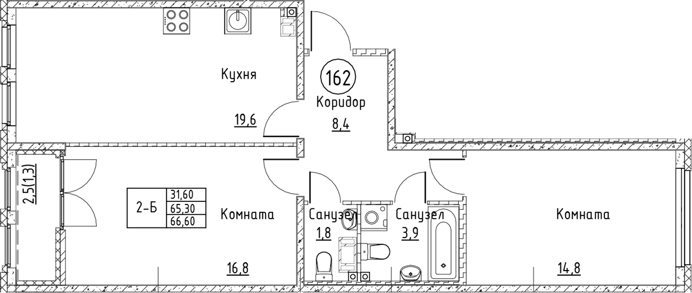 Планировка — Кронунг Юг, 3-комн., 65 м²