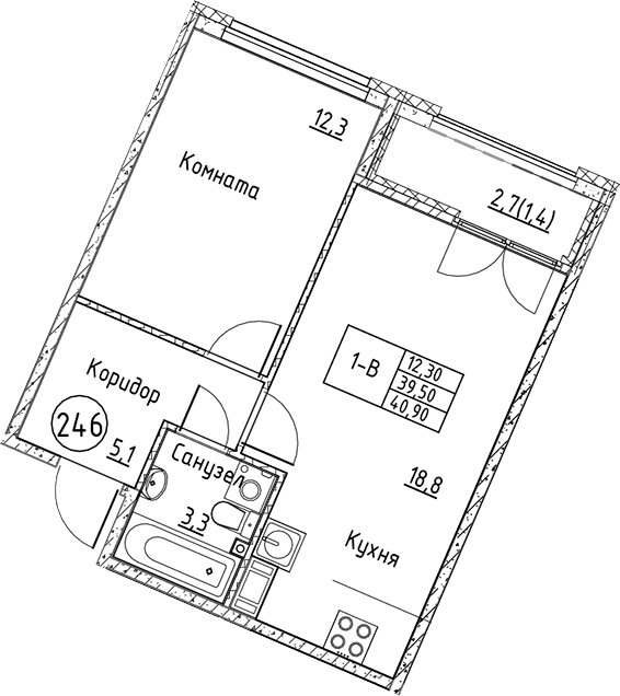 Планировка — Кронунг Юг, 2-комн., 40 м²