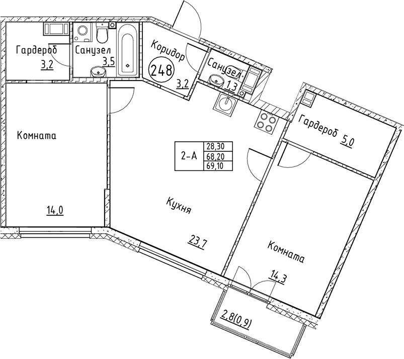 Планировка — Кронунг Юг, 3-комн., 68 м²