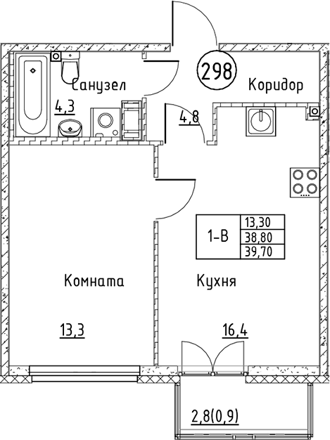 Планировка — Кронунг Юг, 2-комн., 39 м²