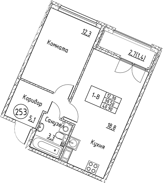 Планировка — Кронунг Юг, 2-комн., 40 м²
