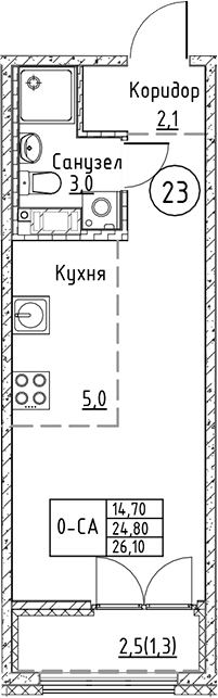 Планировка — Кронунг Юг, Студия, 25 м²