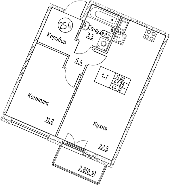 Планировка — Кронунг Юг, 2-комн., 43 м²