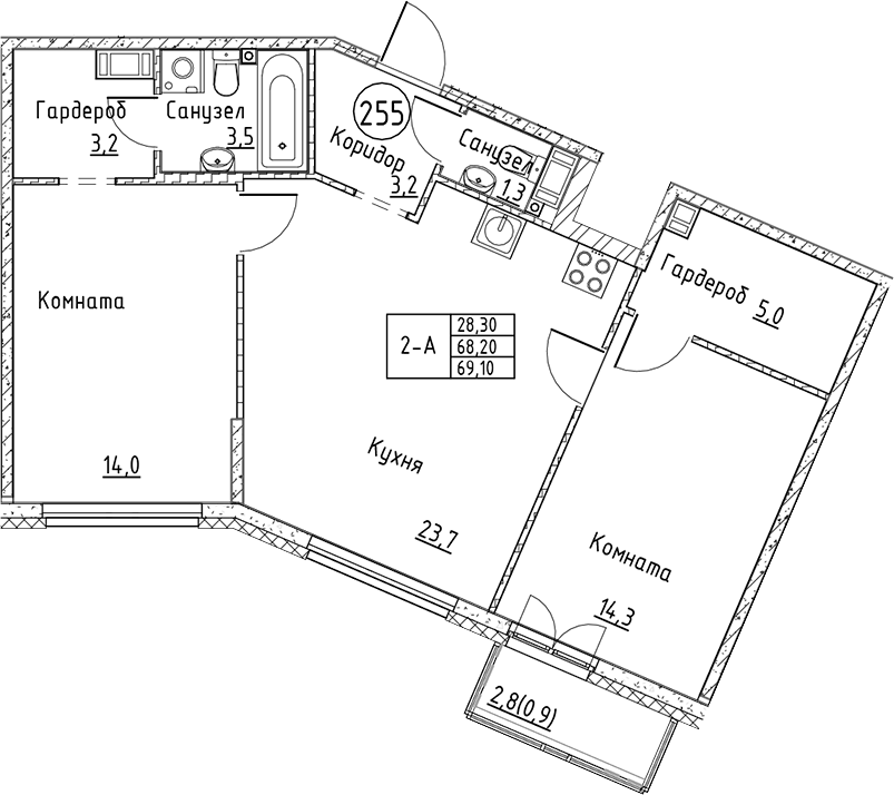 Планировка — Кронунг Юг, 3-комн., 68 м²