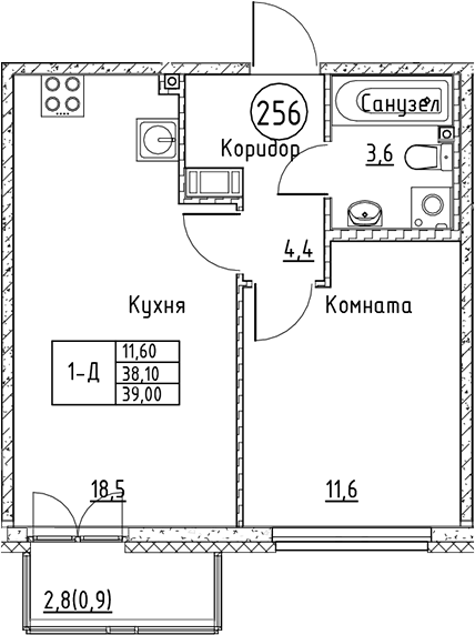 Планировка — Кронунг Юг, 2-комн., 38 м²