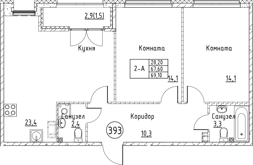 Планировка — Кронунг Юг, 3-комн., 68 м²