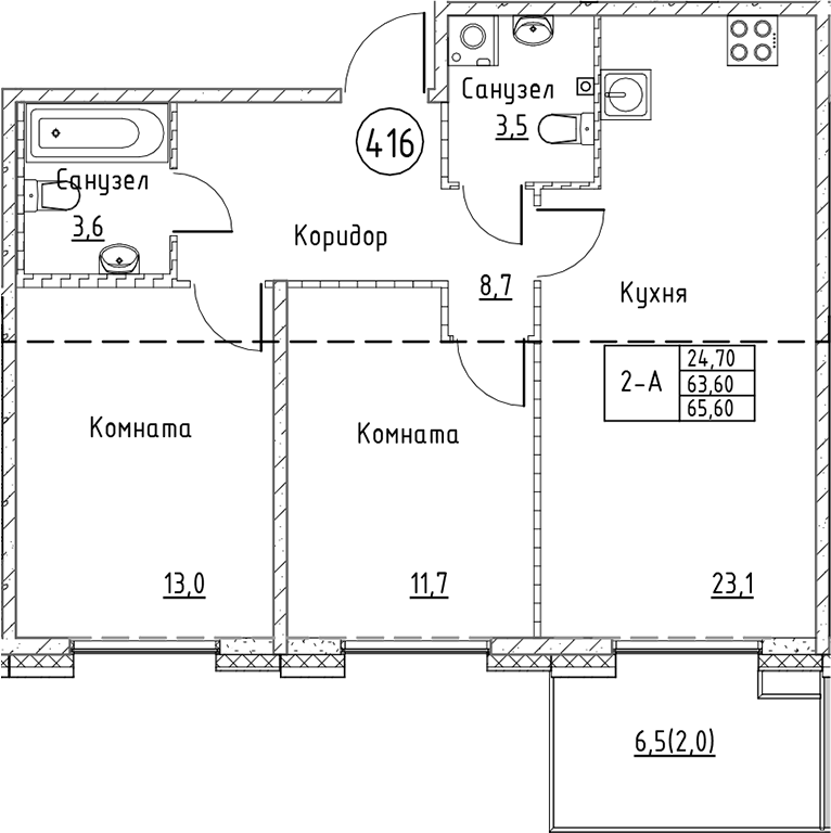 Планировка — Кронунг Юг, 3-комн., 64 м²