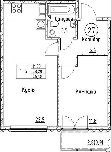 Планировка — Кронунг Юг, 2-комн., 43 м²
