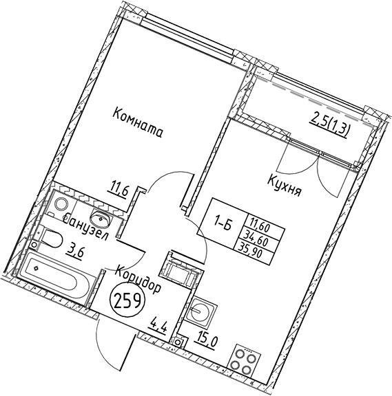 Планировка — Кронунг Юг, 2-комн., 35 м²