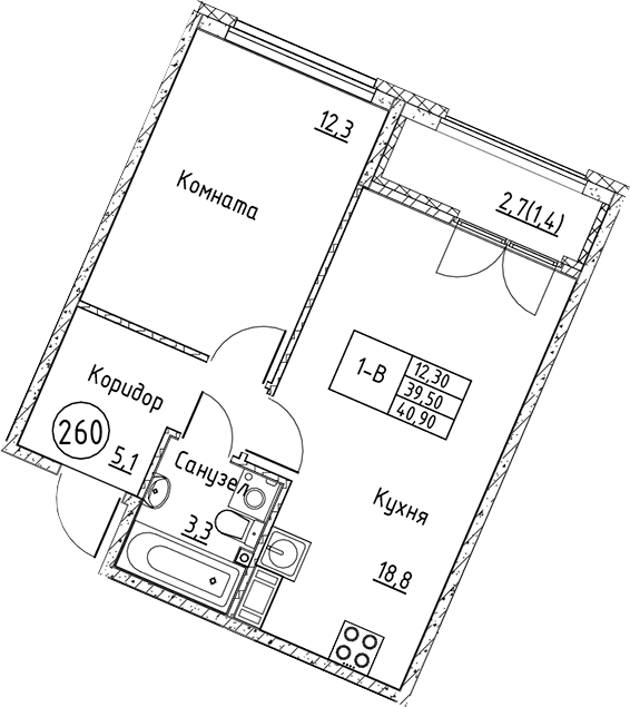 Планировка — Кронунг Юг, 2-комн., 40 м²