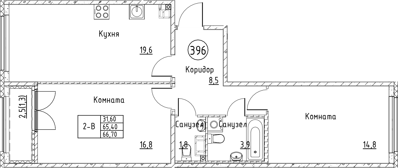Планировка — Кронунг Юг, 3-комн., 65 м²