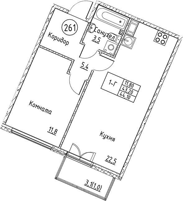 Планировка — Кронунг Юг, 2-комн., 43 м²